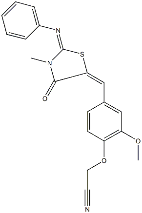 (2-methoxy-4-{[3-methyl-4-oxo-2-(phenylimino)-1,3-thiazolidin-5-ylidene]methyl}phenoxy)acetonitrile 化学構造式