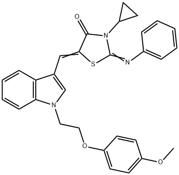3-cyclopropyl-5-({1-[2-(4-methoxyphenoxy)ethyl]-1H-indol-3-yl}methylene)-2-(phenylimino)-1,3-thiazolidin-4-one 化学構造式