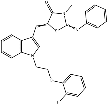 5-({1-[2-(2-fluorophenoxy)ethyl]-1H-indol-3-yl}methylene)-3-methyl-2-(phenylimino)-1,3-thiazolidin-4-one 化学構造式