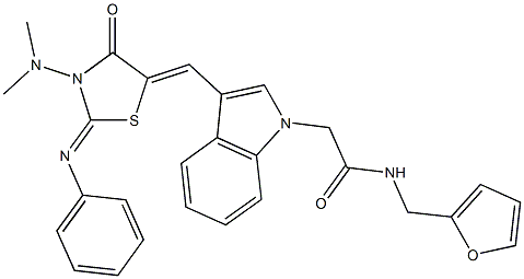 2-(3-{[3-(dimethylamino)-4-oxo-2-(phenylimino)-1,3-thiazolidin-5-ylidene]methyl}-1H-indol-1-yl)-N-(2-furylmethyl)acetamide,496950-70-0,结构式