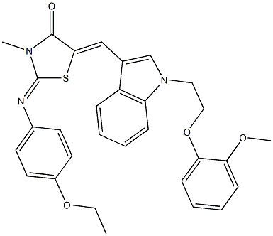 2-[(4-ethoxyphenyl)imino]-5-({1-[2-(2-methoxyphenoxy)ethyl]-1H-indol-3-yl}methylene)-3-methyl-1,3-thiazolidin-4-one 化学構造式