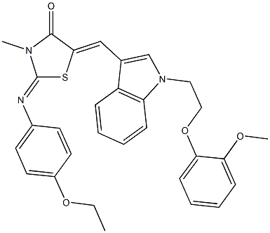 2-[(4-ethoxyphenyl)imino]-5-({1-[2-(2-methoxyphenoxy)ethyl]-1H-indol-3-yl}methylene)-3-methyl-1,3-thiazolidin-4-one,496950-85-7,结构式