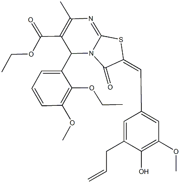 ethyl 2-(3-allyl-4-hydroxy-5-methoxybenzylidene)-5-(2-ethoxy-3-methoxyphenyl)-7-methyl-3-oxo-2,3-dihydro-5H-[1,3]thiazolo[3,2-a]pyrimidine-6-carboxylate 结构式