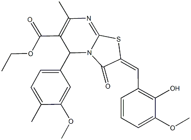 ethyl 2-(2-hydroxy-3-methoxybenzylidene)-5-(3-methoxy-4-methylphenyl)-7-methyl-3-oxo-2,3-dihydro-5H-[1,3]thiazolo[3,2-a]pyrimidine-6-carboxylate,496952-70-6,结构式