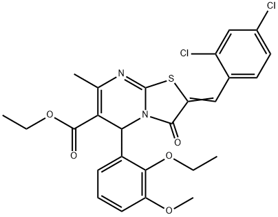 ethyl 2-(2,4-dichlorobenzylidene)-5-(2-ethoxy-3-methoxyphenyl)-7-methyl-3-oxo-2,3-dihydro-5H-[1,3]thiazolo[3,2-a]pyrimidine-6-carboxylate,496958-41-9,结构式