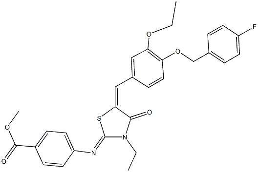 methyl 4-[(5-{3-ethoxy-4-[(4-fluorobenzyl)oxy]benzylidene}-3-ethyl-4-oxo-1,3-thiazolidin-2-ylidene)amino]benzoate,496958-64-6,结构式