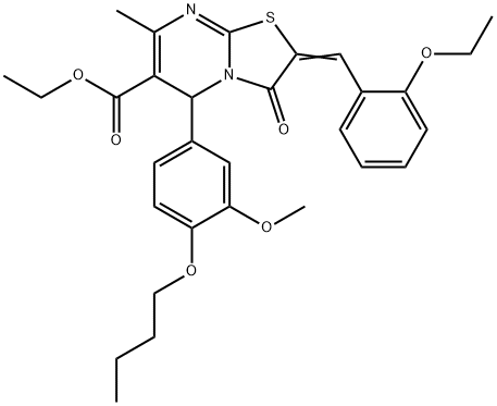ethyl 5-(4-butoxy-3-methoxyphenyl)-2-(2-ethoxybenzylidene)-7-methyl-3-oxo-2,3-dihydro-5H-[1,3]thiazolo[3,2-a]pyrimidine-6-carboxylate 化学構造式