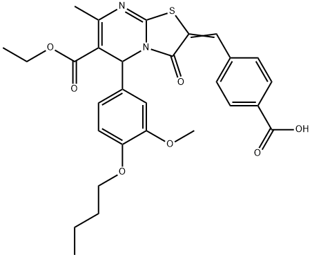 4-[(5-(4-butoxy-3-methoxyphenyl)-6-(ethoxycarbonyl)-7-methyl-3-oxo-5H-[1,3]thiazolo[3,2-a]pyrimidin-2(3H)-ylidene)methyl]benzoic acid 化学構造式