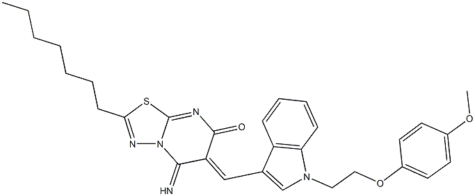 2-heptyl-5-imino-6-({1-[2-(4-methoxyphenoxy)ethyl]-1H-indol-3-yl}methylene)-5,6-dihydro-7H-[1,3,4]thiadiazolo[3,2-a]pyrimidin-7-one Struktur