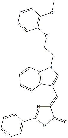 4-({1-[2-(2-methoxyphenoxy)ethyl]-1H-indol-3-yl}methylene)-2-phenyl-1,3-oxazol-5(4H)-one 化学構造式