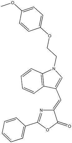 4-({1-[2-(4-methoxyphenoxy)ethyl]-1H-indol-3-yl}methylene)-2-phenyl-1,3-oxazol-5(4H)-one 结构式