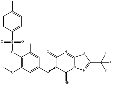 4-[(5-imino-7-oxo-2-(trifluoromethyl)-5H-[1,3,4]thiadiazolo[3,2-a]pyrimidin-6(7H)-ylidene)methyl]-2-iodo-6-methoxyphenyl 4-methylbenzenesulfonate|