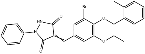 4-{3-bromo-5-ethoxy-4-[(2-methylbenzyl)oxy]benzylidene}-1-phenyl-3,5-pyrazolidinedione 化学構造式