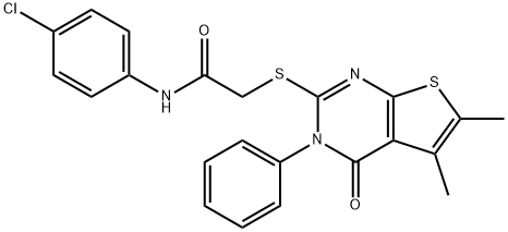 N-(4-chlorophenyl)-2-[(5,6-dimethyl-4-oxo-3-phenyl-3,4-dihydrothieno[2,3-d]pyrimidin-2-yl)sulfanyl]acetamide 化学構造式