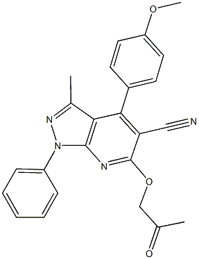 4-(4-methoxyphenyl)-3-methyl-6-(2-oxopropoxy)-1-phenyl-1H-pyrazolo[3,4-b]pyridine-5-carbonitrile Struktur