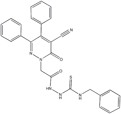 N-benzyl-2-[(5-cyano-6-oxo-3,4-diphenyl-1(6H)-pyridazinyl)acetyl]hydrazinecarbothioamide 化学構造式