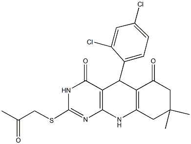 5-(2,4-dichlorophenyl)-8,8-dimethyl-2-[(2-oxopropyl)sulfanyl]-5,8,9,10-tetrahydropyrimido[4,5-b]quinoline-4,6(3H,7H)-dione 化学構造式