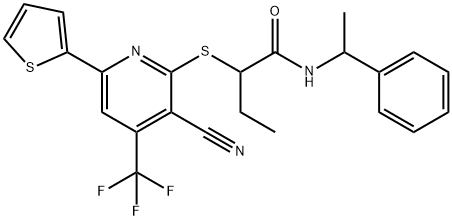 2-{[3-cyano-6-thien-2-yl-4-(trifluoromethyl)pyridin-2-yl]sulfanyl}-N-(1-phenylethyl)butanamide|