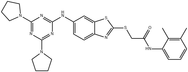 N-(2,3-dimethylphenyl)-2-[(6-{[4,6-di(1-pyrrolidinyl)-1,3,5-triazin-2-yl]amino}-1,3-benzothiazol-2-yl)sulfanyl]acetamide 化学構造式