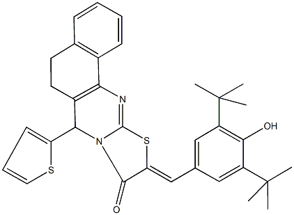 10-(3,5-ditert-butyl-4-hydroxybenzylidene)-7-(2-thienyl)-5,7-dihydro-6H-benzo[h][1,3]thiazolo[2,3-b]quinazolin-9(10H)-one Struktur