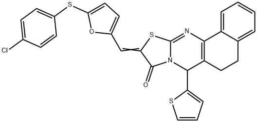 10-({5-[(4-chlorophenyl)sulfanyl]-2-furyl}methylene)-7-(2-thienyl)-5,7-dihydro-6H-benzo[h][1,3]thiazolo[2,3-b]quinazolin-9(10H)-one 结构式