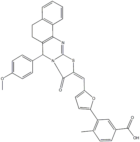 3-{5-[(7-(4-methoxyphenyl)-9-oxo-5,7-dihydro-6H-benzo[h][1,3]thiazolo[2,3-b]quinazolin-10(9H)-ylidene)methyl]-2-furyl}-4-methylbenzoic acid 化学構造式