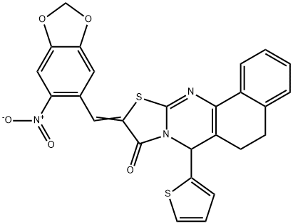 10-({6-nitro-1,3-benzodioxol-5-yl}methylene)-7-(2-thienyl)-5,7-dihydro-6H-benzo[h][1,3]thiazolo[2,3-b]quinazolin-9(10H)-one 化学構造式