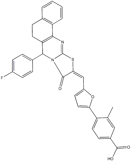 4-{5-[(7-(4-fluorophenyl)-9-oxo-5,7-dihydro-6H-benzo[h][1,3]thiazolo[2,3-b]quinazolin-10(9H)-ylidene)methyl]-2-furyl}-3-methylbenzoic acid Struktur