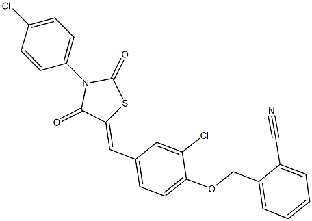 2-[(2-chloro-4-{[3-(4-chlorophenyl)-2,4-dioxo-1,3-thiazolidin-5-ylidene]methyl}phenoxy)methyl]benzonitrile 结构式
