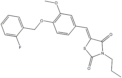 5-{4-[(2-fluorobenzyl)oxy]-3-methoxybenzylidene}-3-propyl-1,3-thiazolidine-2,4-dione 化学構造式