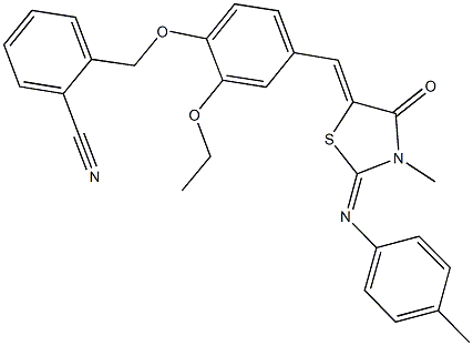 2-{[2-ethoxy-4-({3-methyl-2-[(4-methylphenyl)imino]-4-oxo-1,3-thiazolidin-5-ylidene}methyl)phenoxy]methyl}benzonitrile Struktur