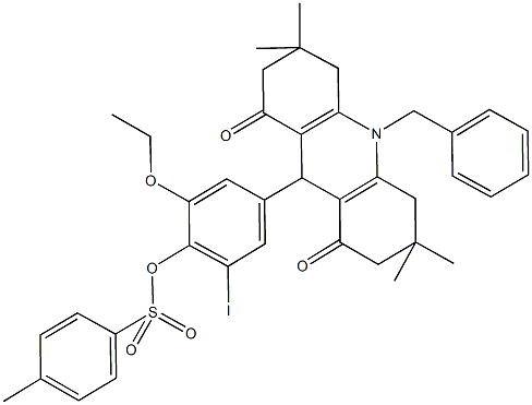 4-(10-benzyl-3,3,6,6-tetramethyl-1,8-dioxo-1,2,3,4,5,6,7,8,9,10-decahydro-9-acridinyl)-2-ethoxy-6-iodophenyl 4-methylbenzenesulfonate Struktur