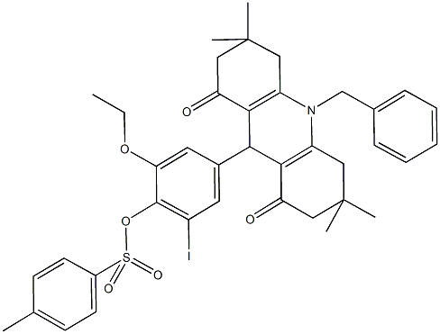 4-(10-benzyl-3,3,6,6-tetramethyl-1,8-dioxo-1,2,3,4,5,6,7,8,9,10-decahydro-9-acridinyl)-2-ethoxy-6-iodophenyl 4-methylbenzenesulfonate,497836-58-5,结构式