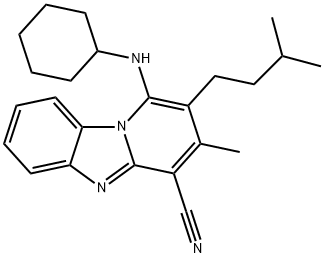 1-(cyclohexylamino)-2-isopentyl-3-methylpyrido[1,2-a]benzimidazole-4-carbonitrile Struktur