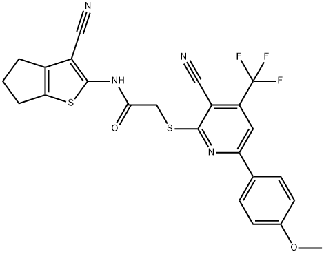 N-(3-cyano-5,6-dihydro-4H-cyclopenta[b]thien-2-yl)-2-{[3-cyano-6-(4-methoxyphenyl)-4-(trifluoromethyl)pyridin-2-yl]sulfanyl}acetamide 结构式