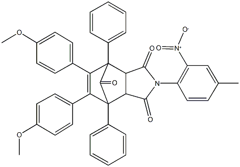 4-{2-nitro-4-methylphenyl}-8,9-bis(4-methoxyphenyl)-1,7-diphenyl-4-azatricyclo[5.2.1.0~2,6~]dec-8-ene-3,5,10-trione 化学構造式