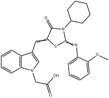 [3-({3-cyclohexyl-2-[(2-methoxyphenyl)imino]-4-oxo-1,3-thiazolidin-5-ylidene}methyl)-1H-indol-1-yl]acetic acid 化学構造式