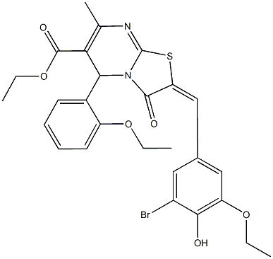ethyl 2-(3-bromo-5-ethoxy-4-hydroxybenzylidene)-5-(2-ethoxyphenyl)-7-methyl-3-oxo-2,3-dihydro-5H-[1,3]thiazolo[3,2-a]pyrimidine-6-carboxylate 化学構造式