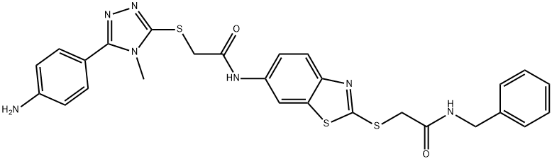 2-{[5-(4-aminophenyl)-4-methyl-4H-1,2,4-triazol-3-yl]sulfanyl}-N-(2-{[2-(benzylamino)-2-oxoethyl]sulfanyl}-1,3-benzothiazol-6-yl)acetamide Struktur