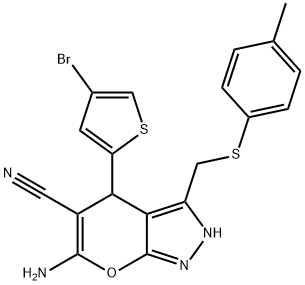 6-amino-4-(4-bromothien-2-yl)-3-{[(4-methylphenyl)sulfanyl]methyl}-2,4-dihydropyrano[2,3-c]pyrazole-5-carbonitrile,498537-91-0,结构式