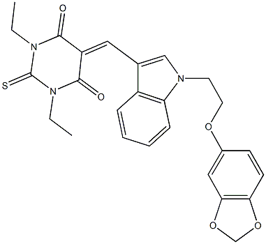 5-({1-[2-(1,3-benzodioxol-5-yloxy)ethyl]-1H-indol-3-yl}methylene)-1,3-diethyl-2-thioxodihydro-4,6(1H,5H)-pyrimidinedione 结构式