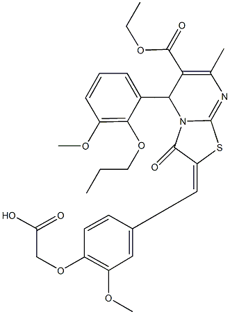 {4-[(6-(ethoxycarbonyl)-5-(3-methoxy-2-propoxyphenyl)-7-methyl-3-oxo-5H-[1,3]thiazolo[3,2-a]pyrimidin-2(3H)-ylidene)methyl]-2-methoxyphenoxy}acetic acid Structure