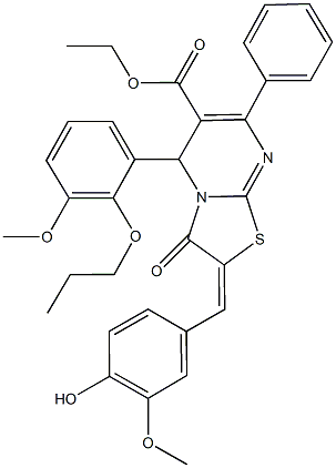 ethyl 2-(4-hydroxy-3-methoxybenzylidene)-5-(3-methoxy-2-propoxyphenyl)-3-oxo-7-phenyl-2,3-dihydro-5H-[1,3]thiazolo[3,2-a]pyrimidine-6-carboxylate 化学構造式