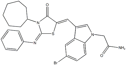 2-(5-bromo-3-{[3-cycloheptyl-4-oxo-2-(phenylimino)-1,3-thiazolidin-5-ylidene]methyl}-1H-indol-1-yl)acetamide,498561-13-0,结构式