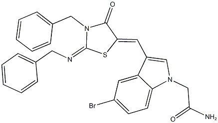 2-(3-{[3-benzyl-2-(benzylimino)-4-oxo-1,3-thiazolidin-5-ylidene]methyl}-5-bromo-1H-indol-1-yl)acetamide Struktur