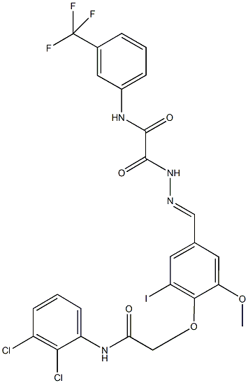 2-(2-{4-[2-(2,3-dichloroanilino)-2-oxoethoxy]-3-iodo-5-methoxybenzylidene}hydrazino)-2-oxo-N-[3-(trifluoromethyl)phenyl]acetamide 化学構造式
