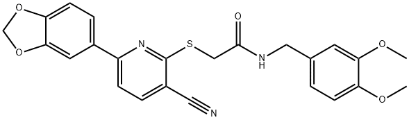 2-{[6-(1,3-benzodioxol-5-yl)-3-cyanopyridin-2-yl]sulfanyl}-N-(3,4-dimethoxybenzyl)acetamide 结构式