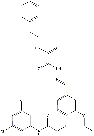 2-(2-{4-[2-(3,5-dichloroanilino)-2-oxoethoxy]-3-ethoxybenzylidene}hydrazino)-2-oxo-N-(2-phenylethyl)acetamide Struktur