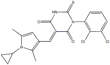 5-[(1-cyclopropyl-2,5-dimethyl-1H-pyrrol-3-yl)methylene]-1-(2,3-dichlorophenyl)-2-thioxodihydro-4,6(1H,5H)-pyrimidinedione,499111-17-0,结构式