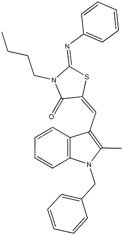 5-[(1-benzyl-2-methyl-1H-indol-3-yl)methylene]-3-butyl-2-(phenylimino)-1,3-thiazolidin-4-one Struktur